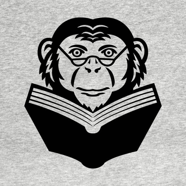 Chimpanzee Chimp Monkey Primate or Ape Wearing Glasses Reading Book Mascot Black and White by patrimonio